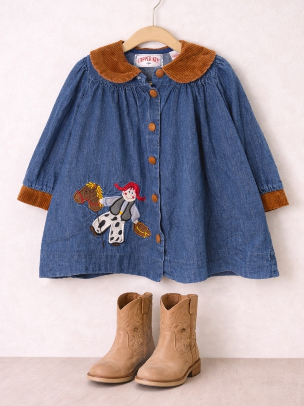 Copper Key Blue Denim Dress with Brown Corduroy Collar